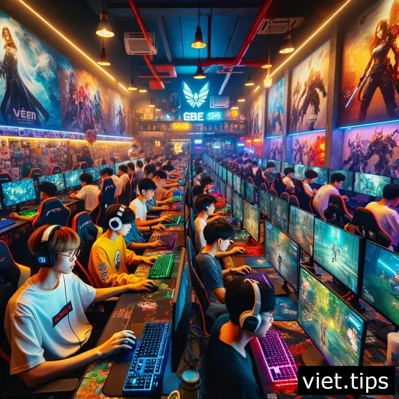 Vietnamese gamers engrossed in an intense gaming session at a local cafe
