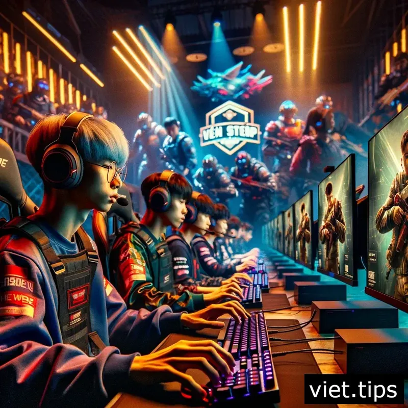 Vietnamese gamers participating in an intense online e-sports tournament with high-speed internet