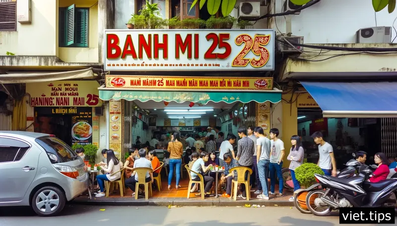 Customers lining up at the popular Banh Mi 25 shop in Hanoi