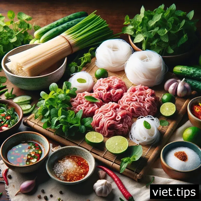 Key ingredients of Bun Cha on a wooden table
