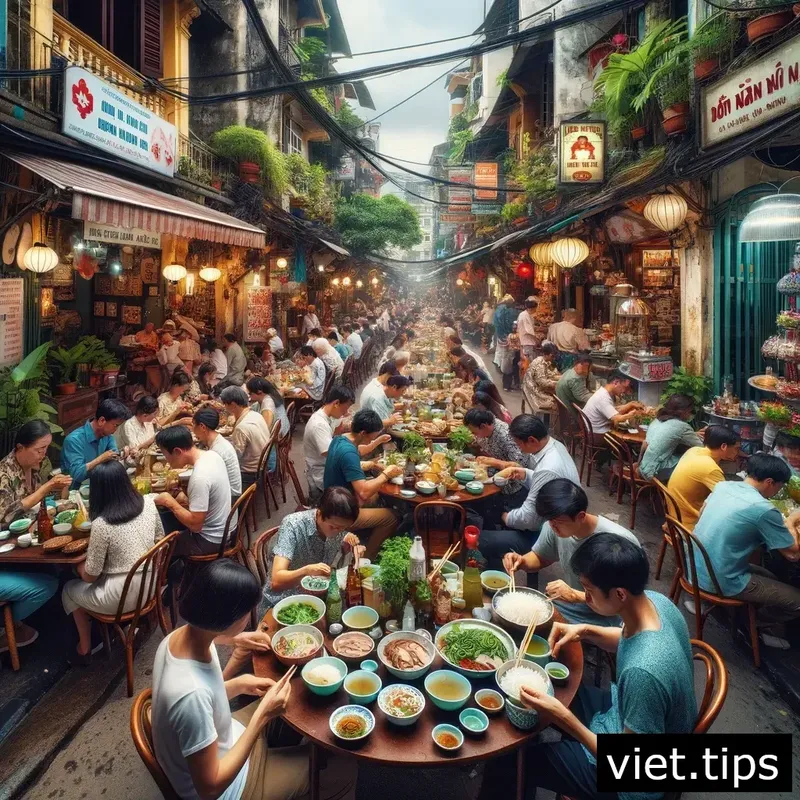 Customers enjoying Bun Cha in a cozy Old Quarter eatery