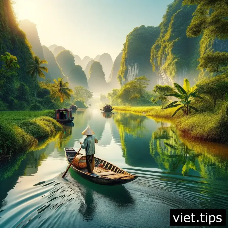 Serene river scene in Vietnam with local man in boat, showcasing untouched nature