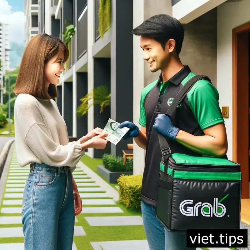 Customer handing over cash payment to Grab delivery representative