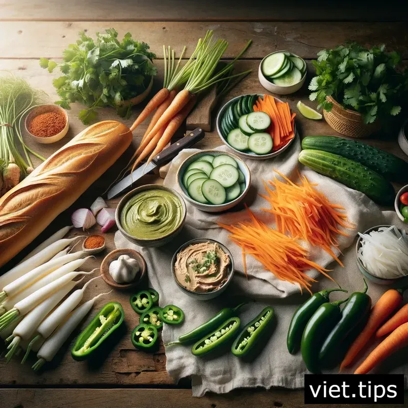 Traditional Banh Mi ingredients, including baguette, pork, and pickled vegetables