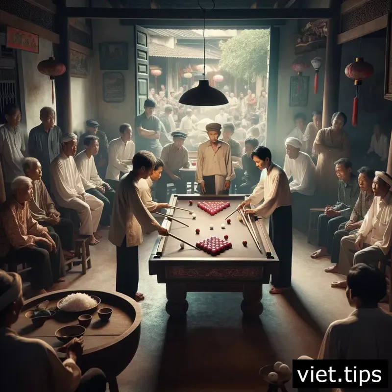 Traditional gathering around a Carom billiards table in Vietnam, highlighting the sport's cultural significance