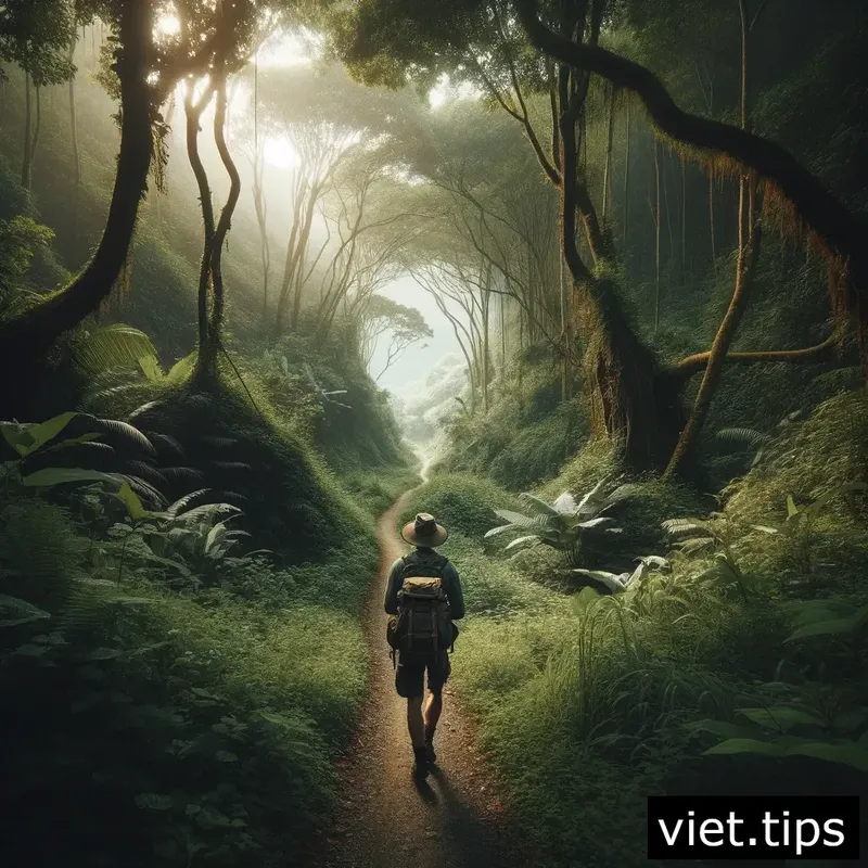 Solo traveler exploring a secluded path surrounded by lush greenery in Vietnam, embodying adventure
