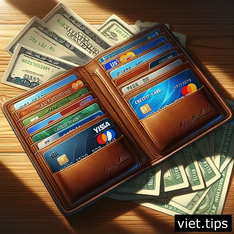 Wallet with international credit cards and Vietnamese dong, illustrating payment options
