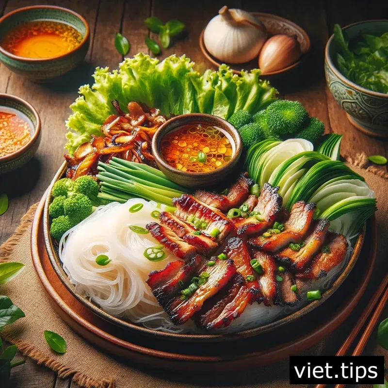 A mouthwatering bowl of Bun Cha with grilled pork, noodles, and herbs